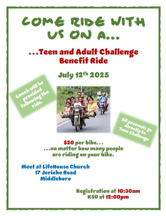 Teen and Adult Challenge Benefit Motorcycle Ride